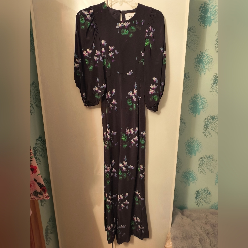 Les Reveries 100% Silk Midi Black Floral Dress Sz 6 NEW - Picture 3 of 7